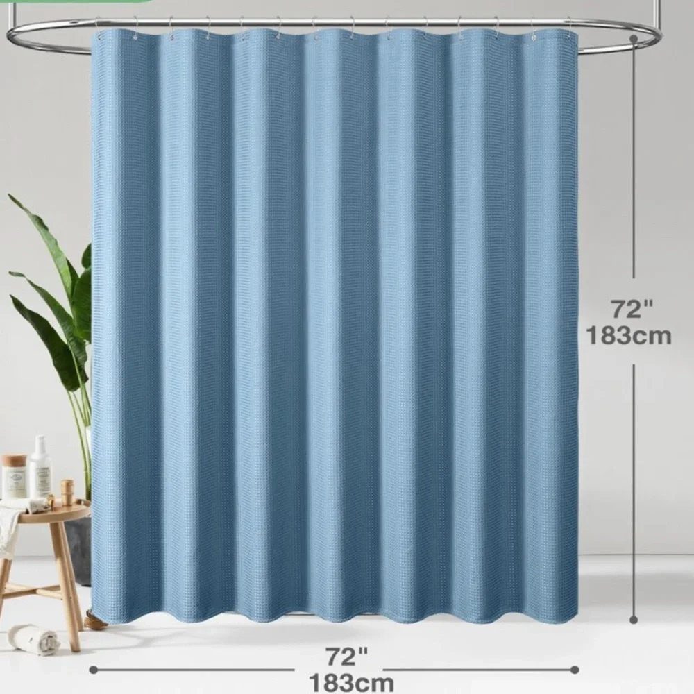 Dynamene Blue Fabric Shower Curtain Waffle Weave Textured Heavy Duty & Hooks NWT